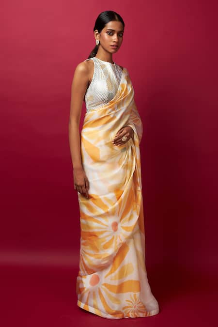 Shop_Vedika M_Multi Color Blouse Sequin Floral Print Round Neck Satin Organza Saree And _Online_at_Aza_Fashions