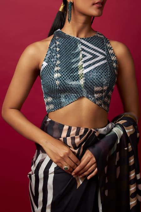 Buy_Vedika M_Multi Color Satin, Silk Sequins Pre-draped Geometric Print Saree With Blouse _Online_at_Aza_Fashions