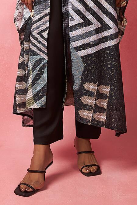 Vedika M_Multi Color Satin, Silk Sequins V-neck Embellished Jacket Pant Set _Online_at_Aza_Fashions