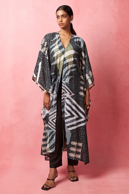 Buy_Vedika M_Multi Color Satin, Silk Sequins V-neck Embellished Jacket Pant Set _Online_at_Aza_Fashions