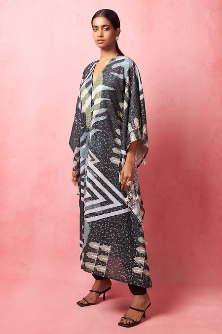 Shop_Vedika M_Multi Color Satin, Silk Sequins V-neck Embellished Jacket Pant Set _Online_at_Aza_Fashions