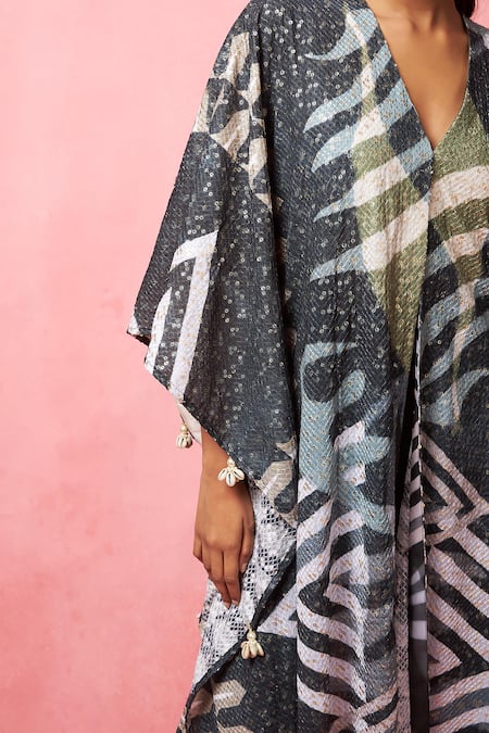 Vedika M_Multi Color Satin, Silk Sequins V-neck Embellished Jacket Pant Set _at_Aza_Fashions