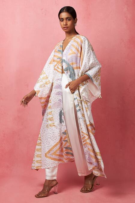 Vedika M_Multi Color Satin Sequins V-neck Abstract Print Jacket With Pant _Online_at_Aza_Fashions