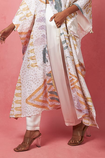 Buy_Vedika M_Multi Color Satin Sequins V-neck Abstract Print Jacket With Pant _Online_at_Aza_Fashions