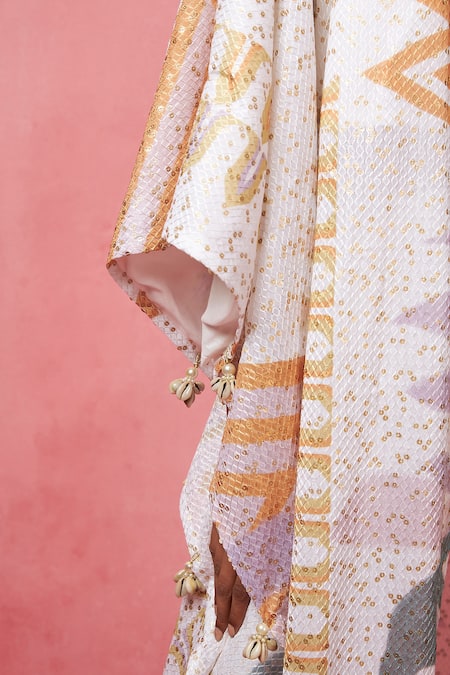 Shop_Vedika M_Multi Color Satin Sequins V-neck Abstract Print Jacket With Pant _Online_at_Aza_Fashions