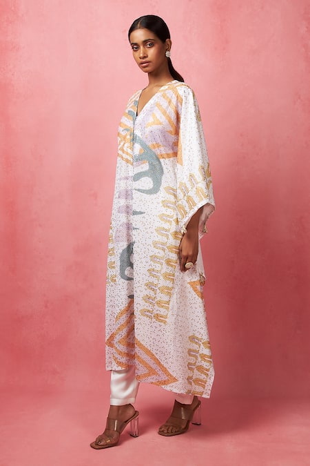 Vedika M_Multi Color Satin Sequins V-neck Abstract Print Jacket With Pant _at_Aza_Fashions