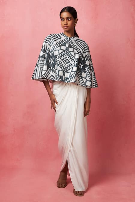 Vedika M Abstract Print Cape With Draped Skirt 