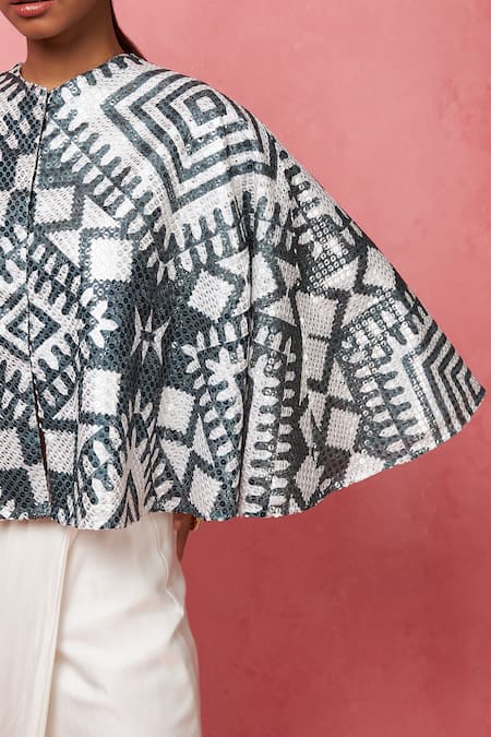 Buy_Vedika M_Multi Color Satin Abstract Print Cape With Draped Skirt _Online_at_Aza_Fashions