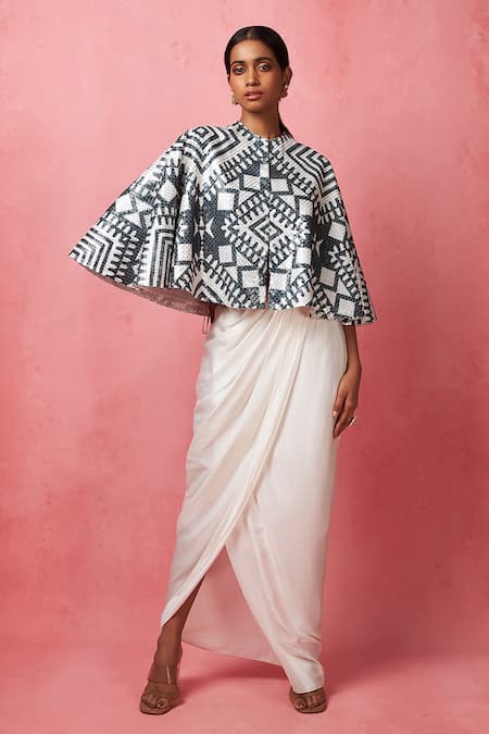 Shop_Vedika M_Multi Color Satin Abstract Print Cape With Draped Skirt _Online_at_Aza_Fashions