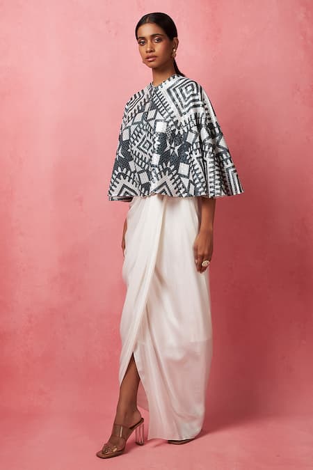 Vedika M_Multi Color Satin Abstract Print Cape With Draped Skirt _at_Aza_Fashions