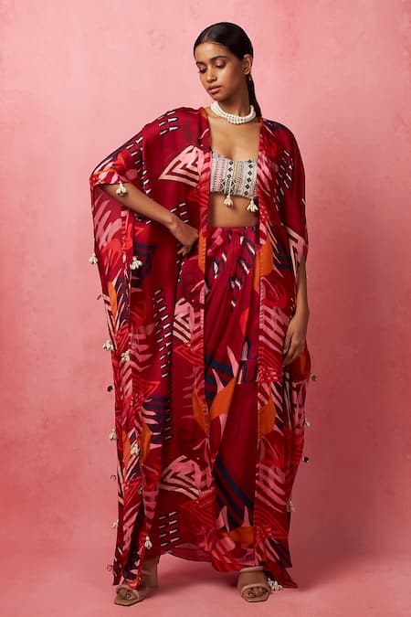 Vedika M Abstract Print Jacket Draped Skirt Set 