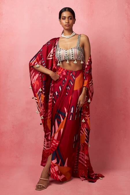 Vedika M_Multi Color Silk, Satin, Organza Sequins Abstract Print Jacket Draped Skirt Set _Online_at_Aza_Fashions