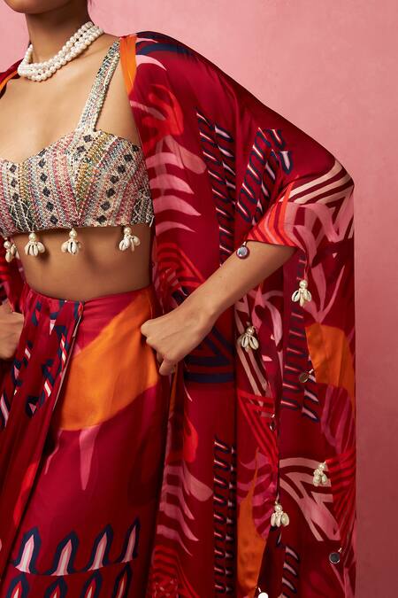 Buy_Vedika M_Multi Color Silk, Satin, Organza Sequins Abstract Print Jacket Draped Skirt Set _Online_at_Aza_Fashions