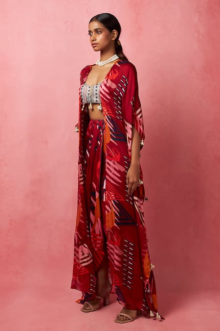 Shop_Vedika M_Multi Color Silk, Satin, Organza Sequins Abstract Print Jacket Draped Skirt Set _Online_at_Aza_Fashions