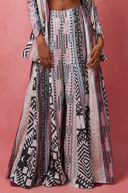 Vedika M_Multi Color Silk Sequins Sweetheart Neck, Abstract Embellished Jacket Pant Set _Online_at_Aza_Fashions