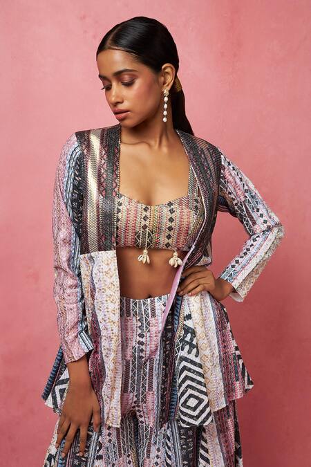 Buy_Vedika M_Multi Color Silk Sequins Sweetheart Neck, Abstract Embellished Jacket Pant Set _Online_at_Aza_Fashions