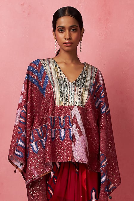 Vedika M_Multi Color Satin, Silk Sequins V-neck Abstract Print Kimono Top With Skirt _Online_at_Aza_Fashions