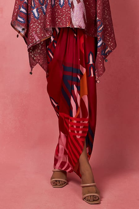 Buy_Vedika M_Multi Color Satin, Silk Sequins V-neck Abstract Print Kimono Top With Skirt _Online_at_Aza_Fashions