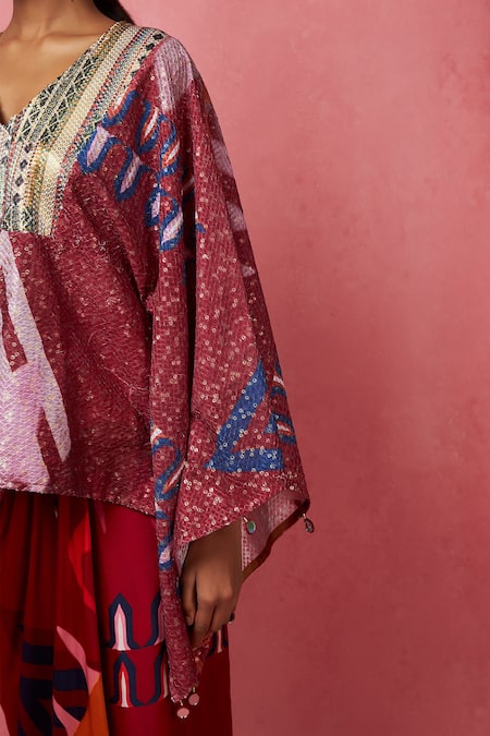 Shop_Vedika M_Multi Color Satin, Silk Sequins V-neck Abstract Print Kimono Top With Skirt _Online_at_Aza_Fashions