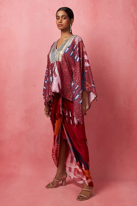 Vedika M_Multi Color Satin, Silk Sequins V-neck Abstract Print Kimono Top With Skirt _at_Aza_Fashions