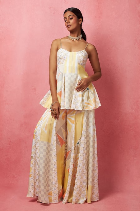 Vedika M Multi Color Satin Abstract Print Scoop Neck Peplum Tunic And Pant Set 