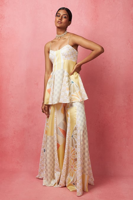 Vedika M_Multi Color Satin Sequins Scoop Neck Abstract Print Peplum Tunic And Pant Set _Online_at_Aza_Fashions