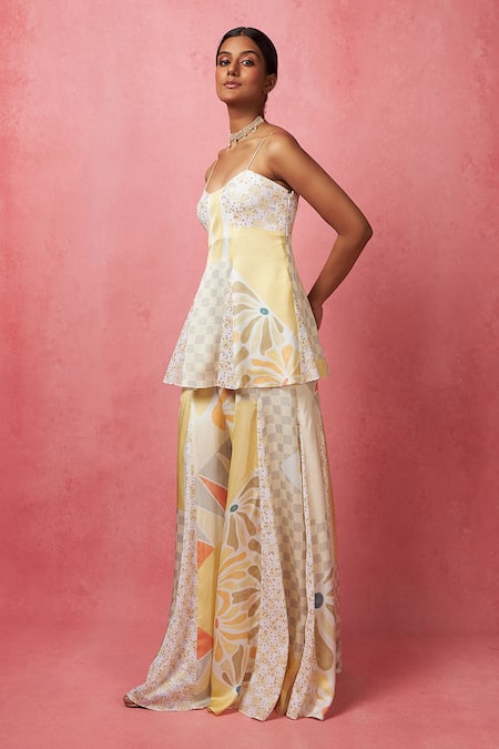 Shop_Vedika M_Multi Color Satin Sequins Scoop Neck Abstract Print Peplum Tunic And Pant Set _Online_at_Aza_Fashions