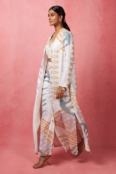 Buy_Vedika M_Multi Color Silk Sequins V-, Round Embellished Long Jacket Pant Set _Online_at_Aza_Fashions