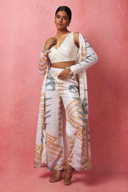 Shop_Vedika M_Multi Color Silk Sequins V-, Round Embellished Long Jacket Pant Set _Online_at_Aza_Fashions