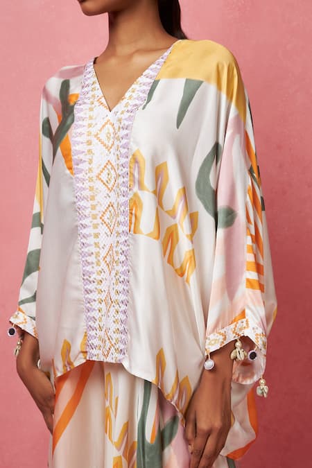 Buy_Vedika M_Multi Color Satin, Organza Sequins V-neck Abstract Print Top With Draped Pant _Online_at_Aza_Fashions