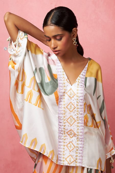 Shop_Vedika M_Multi Color Satin, Organza Sequins V-neck Abstract Print Top With Draped Pant _Online_at_Aza_Fashions