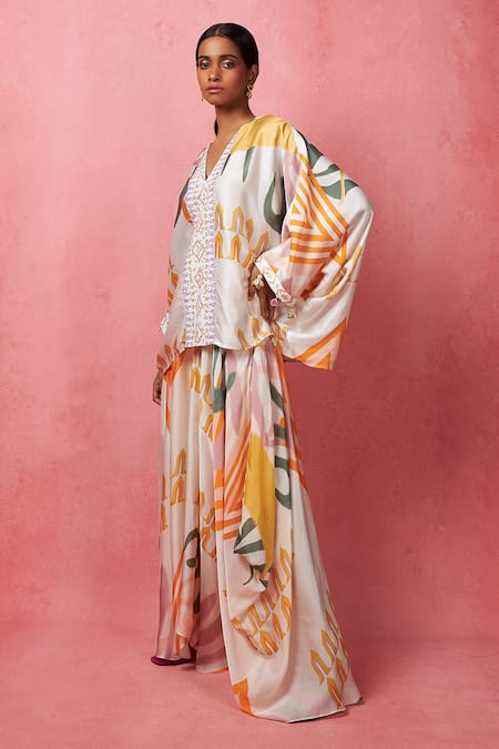 Vedika M_Multi Color Satin, Organza Sequins V-neck Abstract Print Top With Draped Pant _at_Aza_Fashions