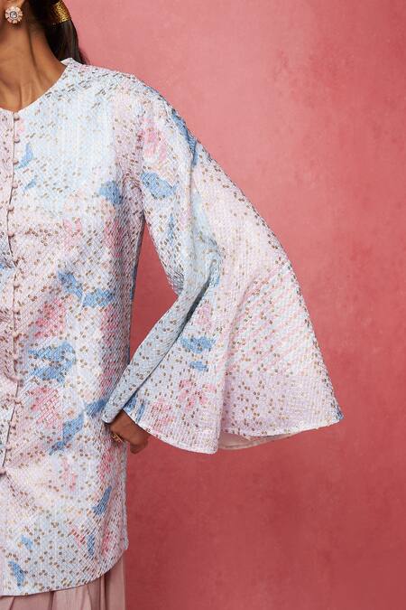 Vedika M_Multi Color Silk Sequins Round Neck Embellished Tunic With Draped Pant _Online_at_Aza_Fashions