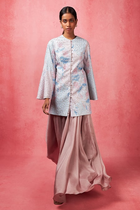 Buy_Vedika M_Multi Color Silk Sequins Round Neck Embellished Tunic With Draped Pant _Online_at_Aza_Fashions