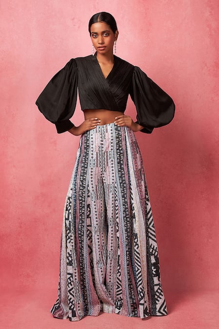 Vedika M Multi Color Satin Embroidery, Sequins V-neck Balloon Sleeve Top With Work Pant 