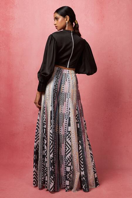 Shop Vedika M Multi Color Satin Embroidery, Sequins V-neck Balloon Sleeve Top With Work Pant at Aza Fashions Shop_Vedika M_Multi Color Satin Embroidery, Sequins V-neck Balloon Sleeve Top With Work Pant _at_Aza_Fashions