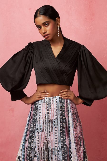 Vedika M Multi Color Satin Embroidery, Sequins V-neck Balloon Sleeve Top With Work Pant Online at Aza Fashions Vedika M_Multi Color Satin Embroidery, Sequins V-neck Balloon Sleeve Top With Work Pant _Online_at_Aza_Fashions