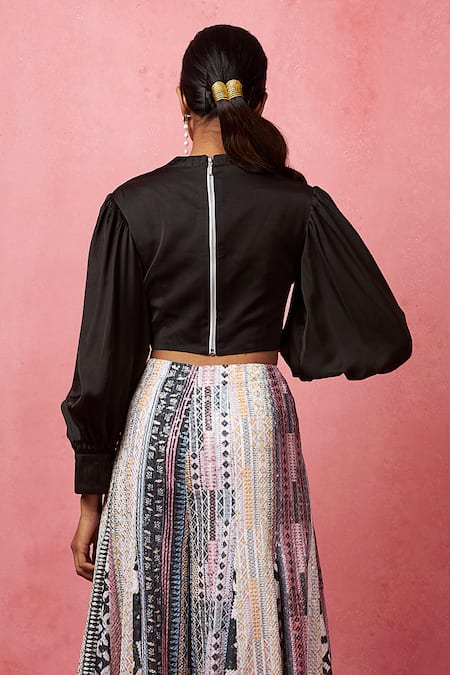 Buy Vedika M Multi Color Satin Embroidery, Sequins V-neck Balloon Sleeve Top With Work Pant Online at Aza Fashions Buy_Vedika M_Multi Color Satin Embroidery, Sequins V-neck Balloon Sleeve Top With Work Pant _Online_at_Aza_Fashions