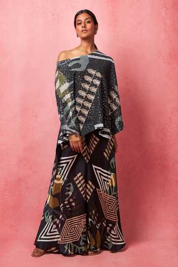 Shop_Vedika M_Multi Color Satin Sequins Asymmetric Embellished Top With Pant_Online_at_Aza_Fashions