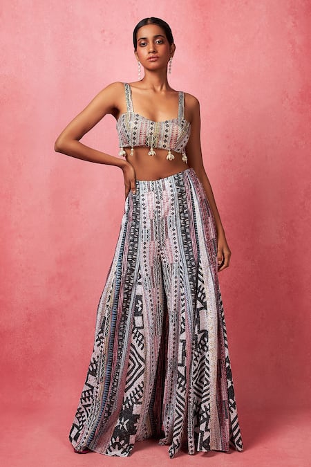 Vedika M Multi Color Silk Sequins Sweetheart Neck Work Bustier With Panelled Pant 