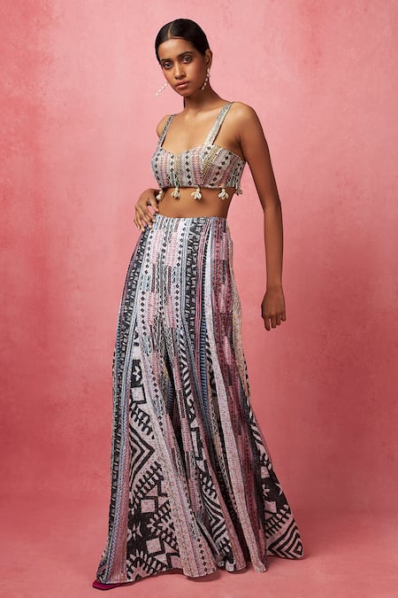 Shop_Vedika M_Multi Color Silk Sequins Sweetheart Neck Work Bustier With Panelled Pant _at_Aza_Fashions