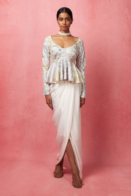 Vedika M_Multi Color Silk, Satin Sequins V-neck Embellished Tunic With Skirt _Online_at_Aza_Fashions