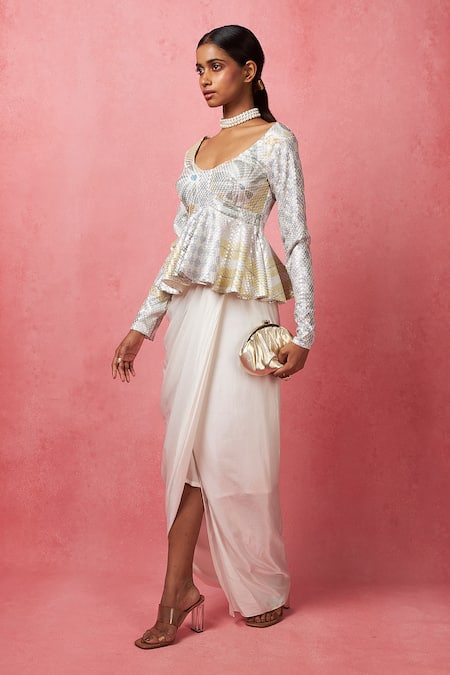 Buy_Vedika M_Multi Color Silk, Satin Sequins V-neck Embellished Tunic With Skirt _Online_at_Aza_Fashions
