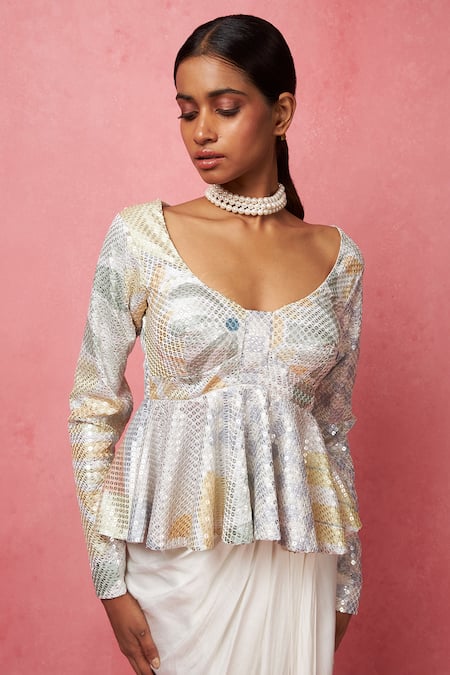 Shop_Vedika M_Multi Color Silk, Satin Sequins V-neck Embellished Tunic With Skirt _Online_at_Aza_Fashions