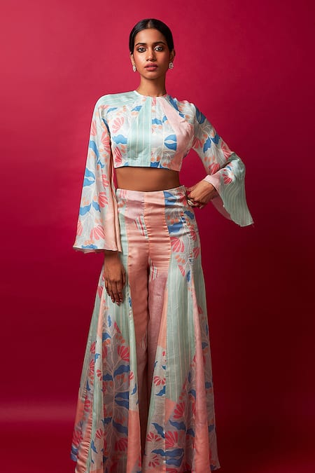 Vedika M_Multi Color Satin, Organza Embroidery High Abstract Floral Print Top With Pant _Online_at_Aza_Fashions