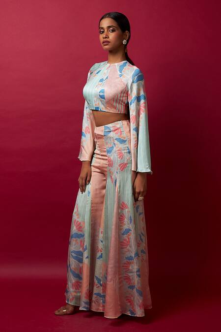 Buy_Vedika M_Multi Color Satin, Organza Embroidery High Abstract Floral Print Top With Pant _Online_at_Aza_Fashions