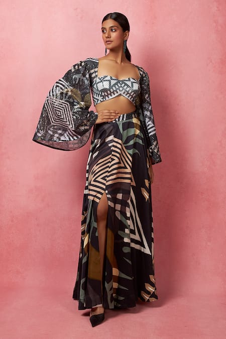 Vedika M Multi Color Blouse Sequin Fabric Geometric Printed Sweetheart Slit Lehenga With 