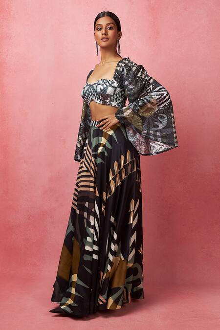 Shop_Vedika M_Multi Color Satin Sequins, Embroidery Geometric Print Slit Lehenga With Blouse _Online_at_Aza_Fashions