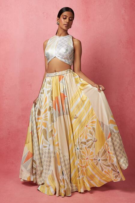 Buy Vedika M Multi Color Satin, Silk Sequins, Embroidery Abstract Floral Print Lehenga Set Online at Aza Fashions Buy_Vedika M_Multi Color Satin, Silk Sequins, Embroidery Abstract Floral Print Lehenga Set _Online_at_Aza_Fashions