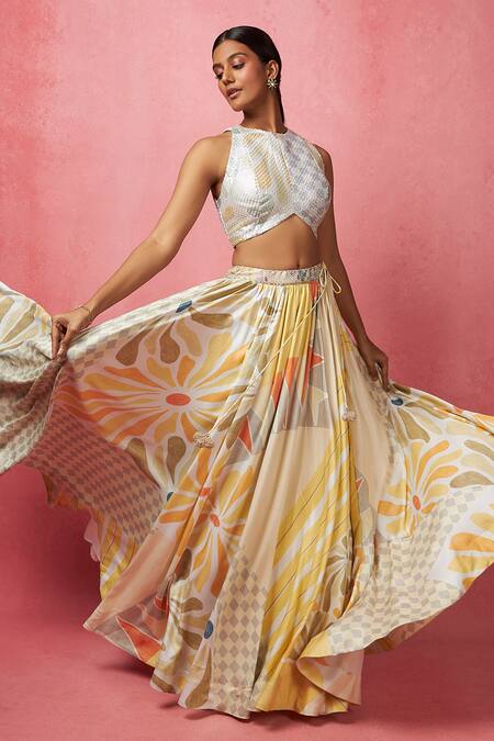 Shop Vedika M Multi Color Satin, Silk Sequins, Embroidery Abstract Floral Print Lehenga Set Online at Aza Fashions Shop_Vedika M_Multi Color Satin, Silk Sequins, Embroidery Abstract Floral Print Lehenga Set _Online_at_Aza_Fashions